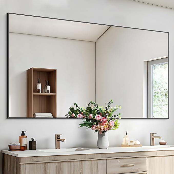 Black Bathroom Mirror for Wall, 55x30 Inch Rectangle Mirrors with Metal Frame, Modern Vanity Wall Mirror Decor for Bathroom Living Room, Entryway Hangs Horizontal or Vertical-Ruum Studio Home