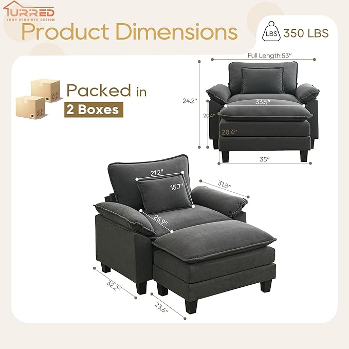 URRED Modular Sectional Sofa Comfy Cloud Couch, Modern Chenille Sofa Sleeper Deep Seat Couches with Ottoman/Pillows for Living Room (Dark Gray, 53''- Ottoman)-Ruum Studio Home