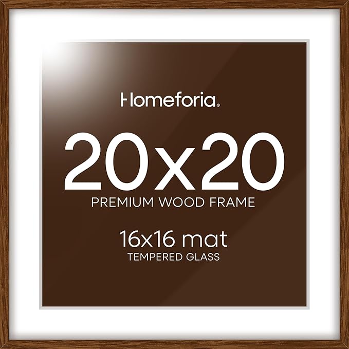 Homeforia 20x20 Brown Picture Frame, High End Dark Oak 20 x 20 Square Wood Frame with Mat 16 x 16 for Photo, 20by20 Wooden Walnut Poster Frame Matted to 16x16 Print, Tempered Glass, Wall Kit, Set of 1-Ruum Studio Home