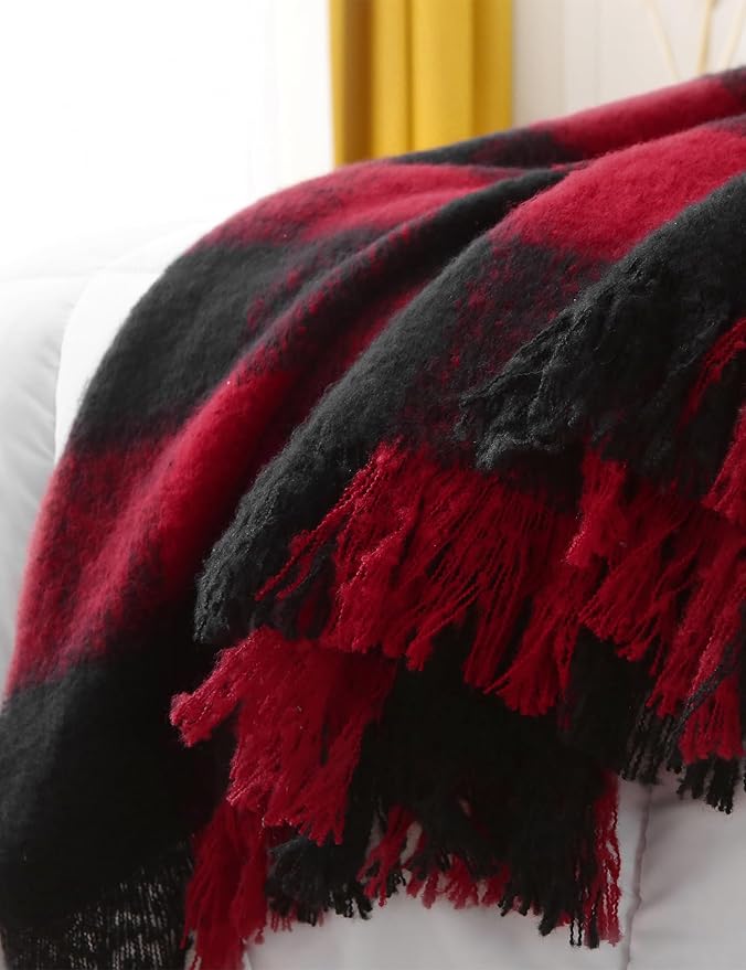 ZonLi Christmas Buffalo Plaid Throw Blanket, 50" x 60" Black and Red Decorative Blankets with Tassel for Couch, Bed, Sofa, Chair, Outdoor, Cozy Warm Lightweight Farmhouse-Ruum Studio Home