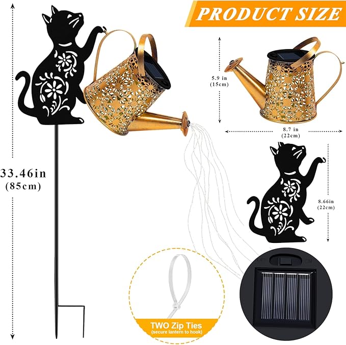 Solar Lights Outdoor Decorative, Watering Can with Cascading Lights, with Cat Silhouette Garden Stakes, Waterproof Metal Garden Decor for Yard Art, Outside, Patio, Lawn Ornaments-Ruum Studio Home