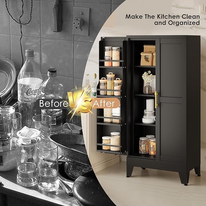 51" H Metal Kitchen Pantry Storage Cabinet, Freestanding Cupboard Storage Cabinet with Doors and Adjustable Shelves, Large Stand Up Food Cupboard for Living Room, Dinning Room, Black-Ruum Studio Home