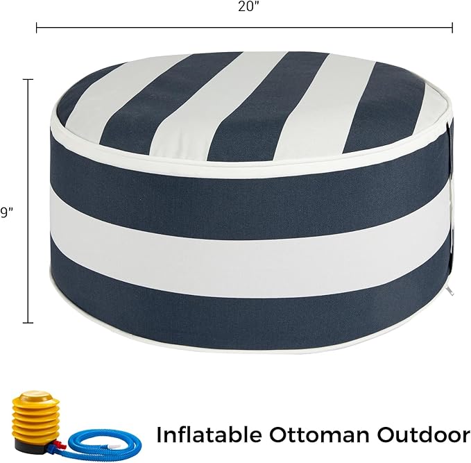 FUNHOME Inflatable Outdoor Ottoman with Air Pump,20"x9" Portable Patio Pouf,Water Resistant,Fade-Resistant,Round Blow Up Footrest Stools for Home Garden Camping Travel(Blue White)-Ruum Studio Home