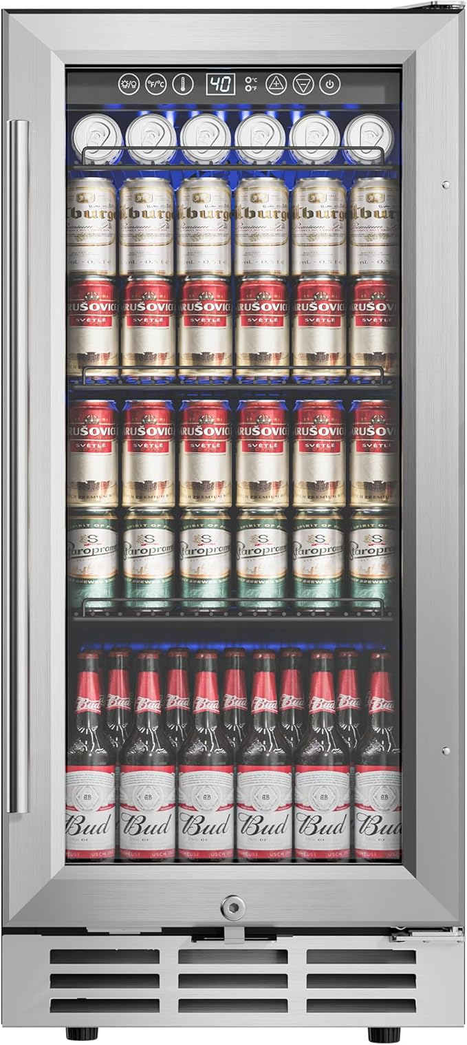 15'' Beverage Refrigerator Cooler - 126 Cans Under Counter Beverage Fridge with LED Light, Built-in Design, Wine Cooler for Home/Kitchen-Ruum Studio Home