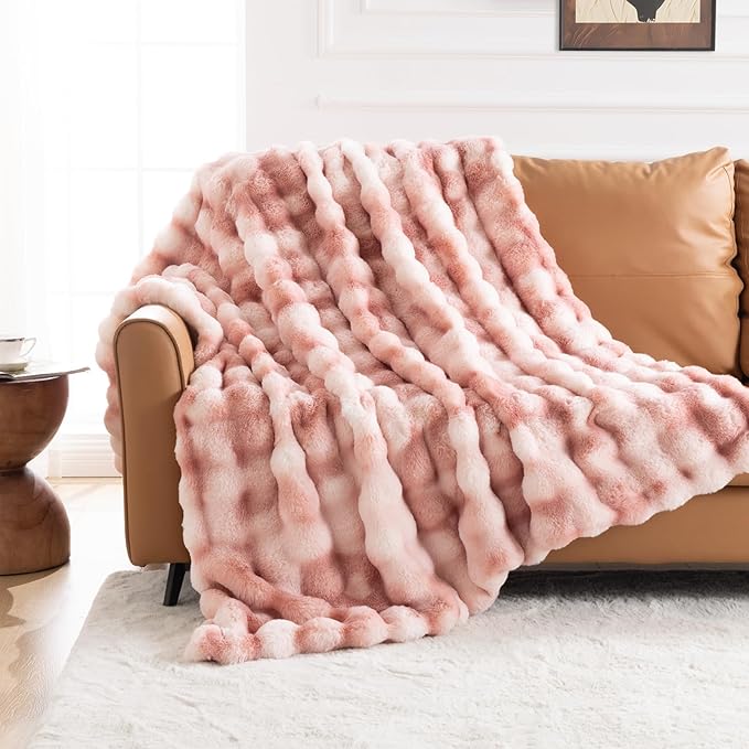 Cozy Faux Fur Throw Blanket for Couch-Warm Fuzzy Throw Blanket, Soft Plush Thick Bubble Blankets for Bedroom and Living Room, Furry Luxury Blanket, 50 x 60, Tie-Dye Pink-Ruum Studio Home