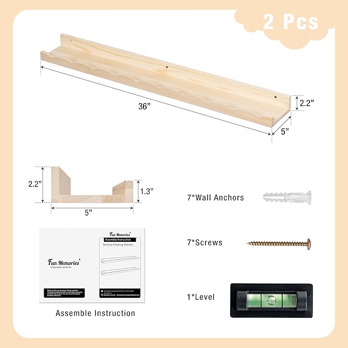 Fun Memories Picture Ledge Shelf for Wall, 36 inch Pine Wood Nursery Book Shelves Set of 2- Wall Book Shelves for Kids Room, Home Decor - Kitchen Spice-Natural-Ruum Studio Home