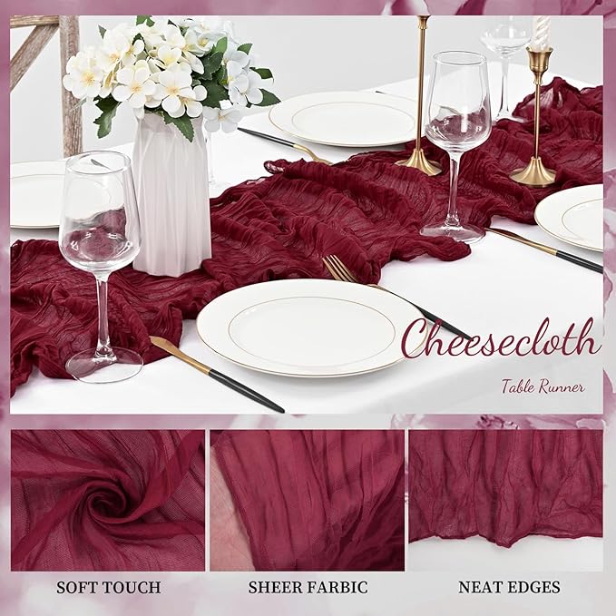 Burgundy 6 Pack Cheesecloth Table Runner 10FT Rustic Gauze Cheese Cloth Table Runner for Wedding Bridal Baby Shower Table Decor 20 x 120 Inch Long Boho Fabric Sheer Birthday Party Table Decorations-Ruum Studio Home