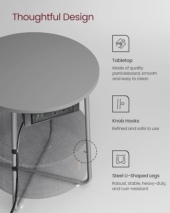 VASAGLE Side Table with Charging Station, Round End Table with Fabric Basket, Nightstand with Power Outlets, USB Ports, for Living Room, Bedroom, Modern, Dove Gray and Slate Gray ULET228G01-Ruum Studio Home