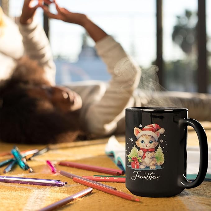 Cute Christmas Cat Cup, Customized Animal Coffee Mug, Gift For Birthday, Personalized Animal Lover Black Cup 11oz 15oz, Custom Xmas Cat Design Mug For Girl-Ruum Studio Home