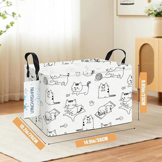 LANGYASHAN Rectangular Storage Bin Collapse Canvas Fabric Cartoon Storage Basket with Handles for Organizing Home Kitchen Boys and Girls Toys Office Closet Shelf Baskets (Rec Cat)-Ruum Studio Home