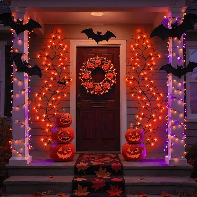 7 Ft Halloween Decorations Willow Vine Twig Garland with 8 Modes Timer 63 LED Orange Lights, Halloween Garland with Waterproof Battery Operated for Wall Fireplace Decorations Indoor Outdoor-Ruum Studio Home