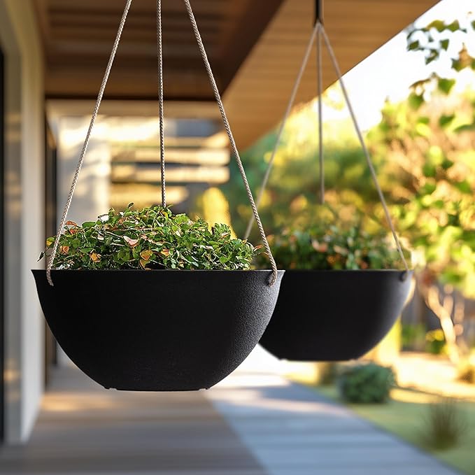 LA JOLIE MUSE Hanging Planters for Outdoor Plants, Large Hanging Planter with Drain Holes, Black Hanging Flower Pots (13.2 Inch, Set of 2)-Ruum Studio Home
