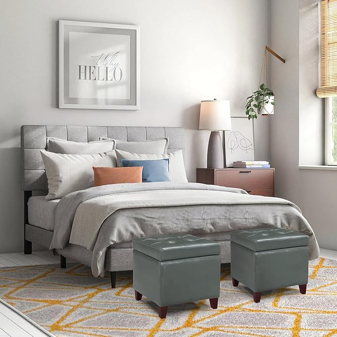 Adeco Bonded Leather Square Tufted Cubic Cube Footstool, 18" Height Storage Ottomans, with Lid, Cement Grey-Ruum Studio Home