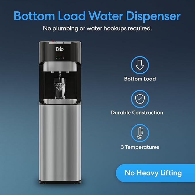 Brio Bottom Loading Water Cooler Dispenser for 5 Gallon Bottles - 3 Temperatures with Hot, Room & Cold Spouts, Child Safety Lock, LED Display with Empty Bottle Alert, Stainless Steel-Ruum Studio Home