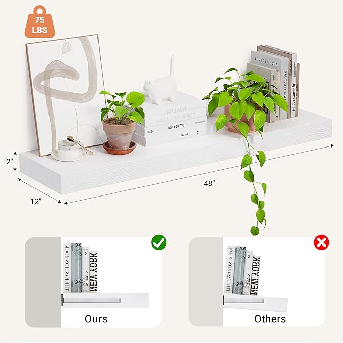 Heimlove 12 Inch Deep Floating Shelves, 48 x 12 inches Long, Large Display & Storage Shelf, Rustic Wood Wall Shelves for Fireplace Mantel, Set of 1(White)-Ruum Studio Home