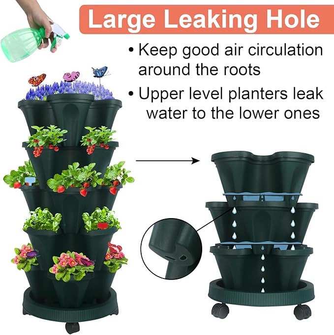 Vertical Planter, 5 Tier Stackable Strawberry Planter with Garden Tool Set, Movable Indoor/Outdoor Garden Herb Pot for Growing Vegetables and Succulents, Green-Ruum Studio Home