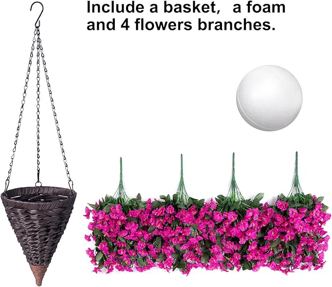 Artificial Fake Hanging Flowers Plants Baskets for Outdoor Outside Decoration, Faux Silk UV Resistant Realistic Fuchsia Morning Glory Planter for Home Porch Patio Balcony Garden Yard-Ruum Studio Home