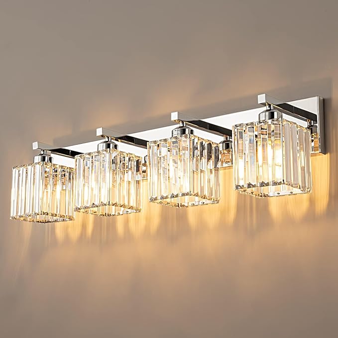 Modern 4-Light Chrome Crystal Bathroom Vanity Light Fixtures-Ruum Studio Home