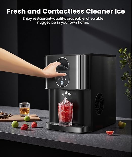 Nugget Ice Maker Countertop, 44lbs/24H Soft Chewable Pellet Ice Maker Machine Dispenser with Water Reservoir, Self-Cleaning, Pebble Ice Machine for Home Kitchen, Office, Black Stainless-Ruum Studio Home