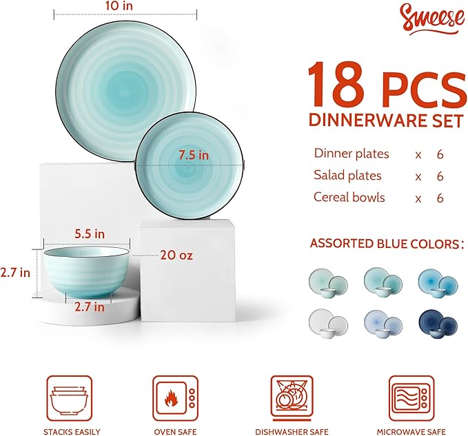 Sweese Plates and Bowls Sets, 18 Piece Dinnerware Set Porcelain Round Dinner Set for 6, Scratch Resistant Dishes Set, Dishwasher and Oven Microwave Safe Handpainted Swirl Dishware Sets, Assorted Blue-Ruum Studio Home