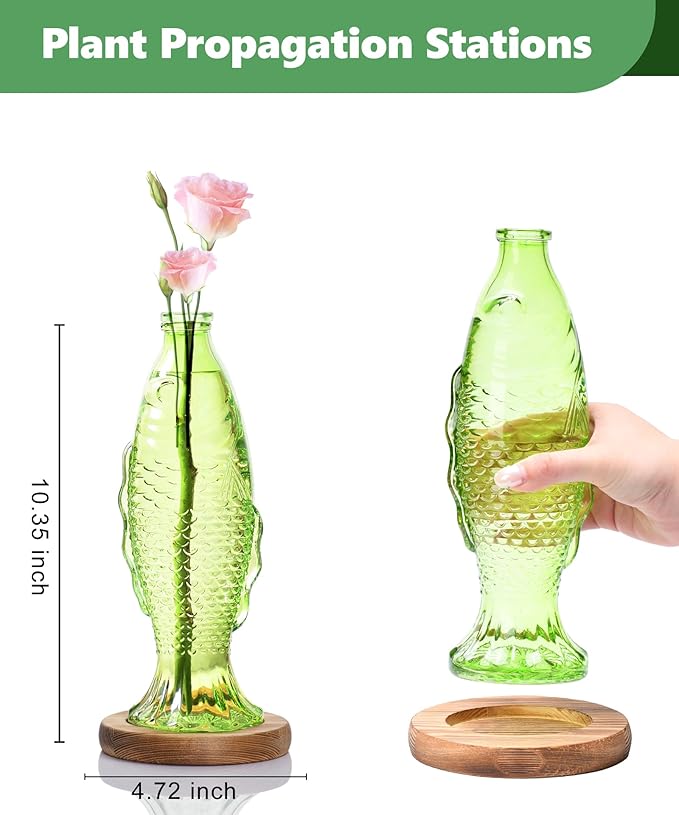 Nacome Fish Vase Glass Plant Terrarium with Wooden Stand,Plant Propagation Station for Home Office Hydroponics Desk Decoration,Unique Gardening Gifts for Plant Lovers Women Mom(Green)-Ruum Studio Home