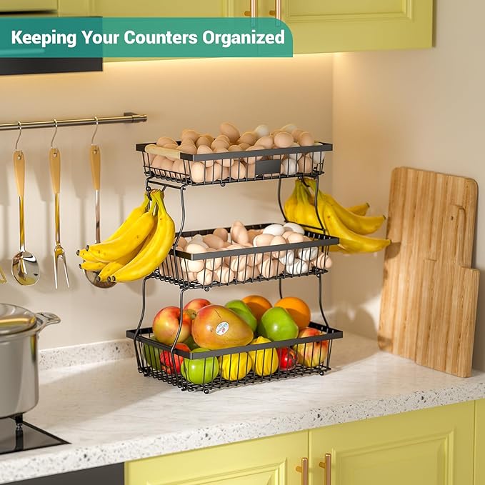 3 Tier Fruit Basket for Kitchen Counter with 2 Banana Hangers, Countertop Metal Fruit Bowl with Wooden Handle, Large Storage Stand for Vegetables, Snacks, Breads, Produce Storage – Black-Ruum Studio Home