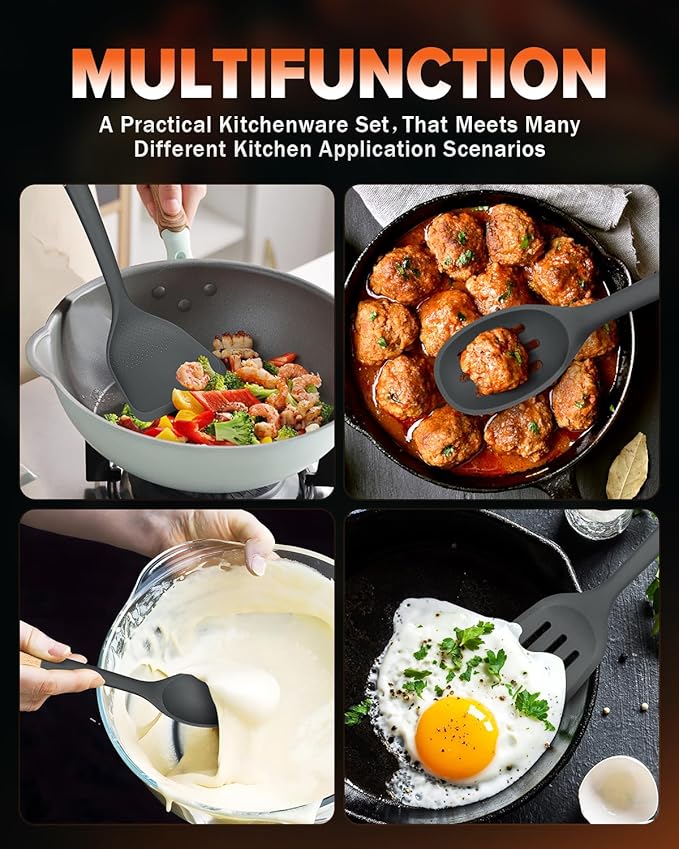 Silicone Cooking Utensils Set, Perfectly Angled for Frying, Mixing,Serving,Draining,Turning and Stirring, BPA-Free Matte Silicone, Wood Handles, Safe for Nonstick Cooking Surfaces,4 Pack (Grey)-Ruum Studio Home
