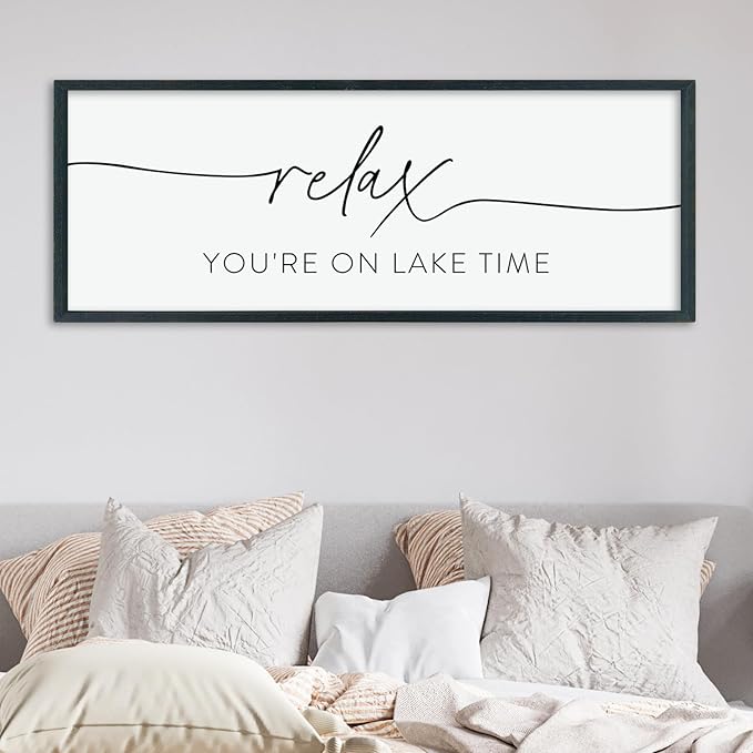 Relax You're On Lake Time Sign Wall Decor 40"×15" Lake House Bedroom Large Wood Framed Hanging Wall Art (Black)-Ruum Studio Home