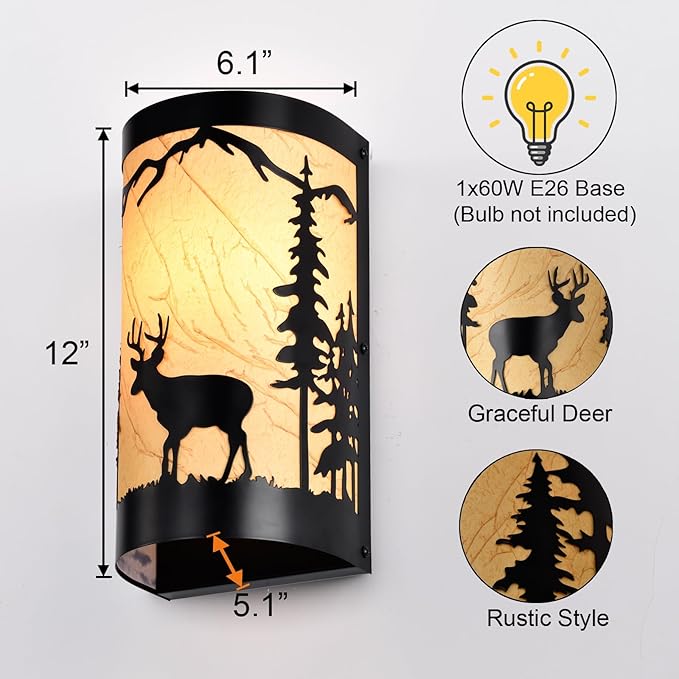 Wall Sconces Set of Two,Deer Metal Yellow Parchment Rustic Wall Sconces,Farmhouse Matte Black Wall Mount Lamp,Vintage Bedroom Wall Lights,Indoor Wall Lamps for Living Room,Hallway,Porch-Ruum Studio Home