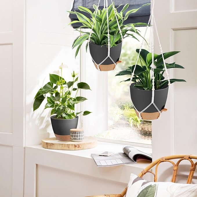 41.5 Inch Macrame Plant Hanger Indoor Outdoor with 12 Inch Flower Pot, Hanging Planter for Plants Holder with Wood Beads for Boho Home Decor (Ivory+Black)-Ruum Studio Home