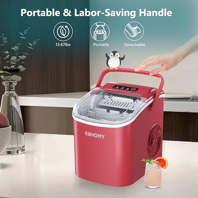 EUHOMY Countertop Ice Maker Machine with Handle, 26lbs Per Day, 9 Ice Cubes Ready in 6 Mins, Auto-Cleaning Portable Ice Maker with Basket and Scoop, for Home/Kitchen/Camping/RV (Red)-Ruum Studio Home