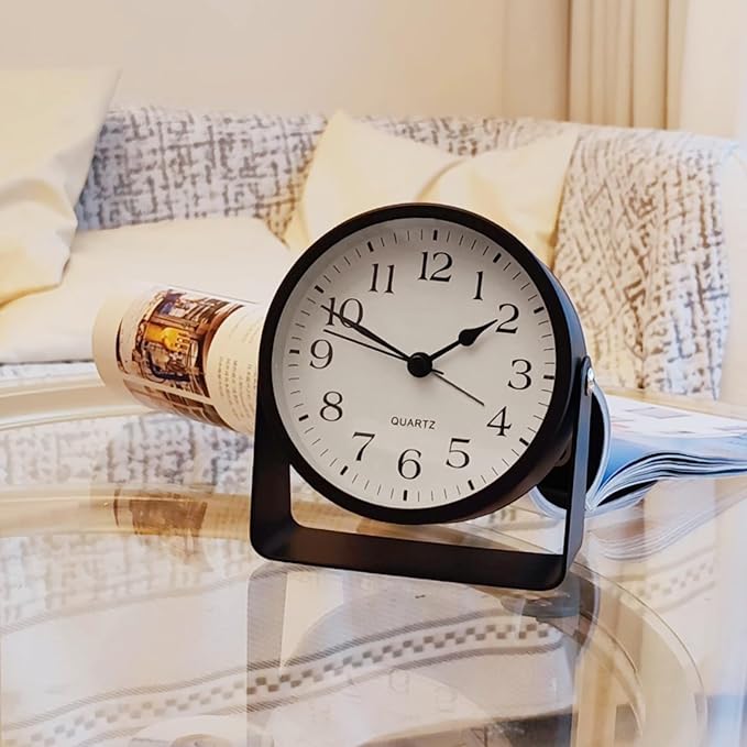 Small Desk Analog Alarm Clock Battery Powered Mini Metal Nightstand Shelf Clock with Light Side Table Decor Mid Century Cute Alarm Clock for Heavy Sleepers Bedrooms Desktop Living Room Bathroom-Ruum Studio Home