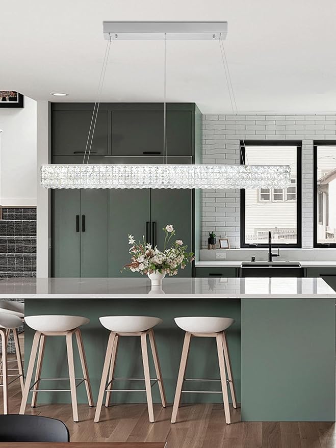 W48 Modern Rectangular Crystal Chandeliers Dining Room Chandelier,Silver Pendant Light Fixture with Remote Control for Living Room Kitchen Island-Ruum Studio Home