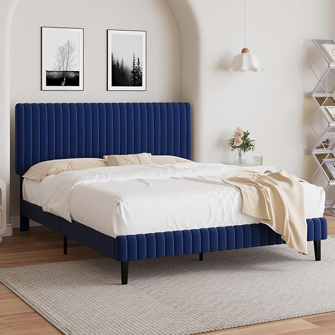 Full Size Bed Frame, Velvet Upholstered Platform Bed with Vertical Channel Tufted Headboard and Footboard, No Box Spring Required, Easy Assembly, Blue-Ruum Studio Home