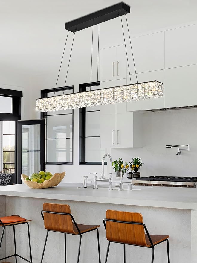 W48 Black Chandeliers for Dining Room, Modern Crystal Pendant Lights Fixture Farmhouse Hanging Dining Light Fixtures for Kitchen Island, Living Room, Bedroom-Ruum Studio Home