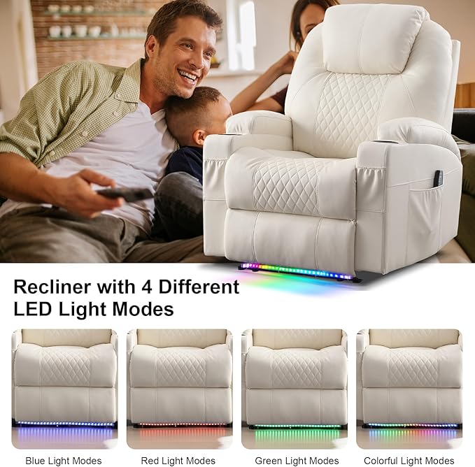 AHMED Power Recliner Chair with Vibration Massage & Heat for Adults, Faux Leather Home Theater Seating with Cup Holders/LED Lights/USB Ports/Side Pockets for Living Room, Beige-Ruum Studio Home