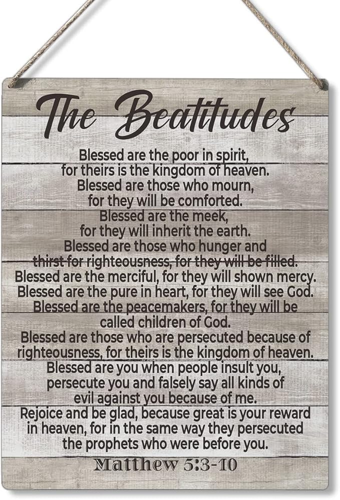 Inspirational Bible Gift Signs the Beatitudes Blessed are the Poor in Spirit for Theirs is the Kingdom of Heaven Wooden Hanging Sign Religious Scripture Art Wall Home Decoration 10 x 8 Inches-Ruum Studio Home