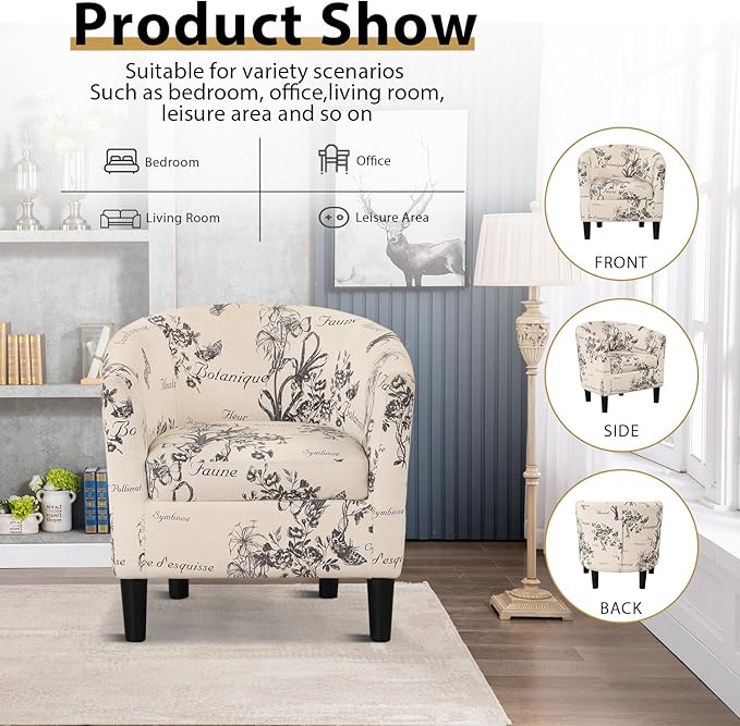 INZOY Modern Accent Chair with Ottoman for Small Space, Club Chair with Ottoman Set, Comfy Fabric Barrel Reading Chairs for Living Room Bedroom, Round Reading Chair with Foot Rest, Flower Pattern-Ruum Studio Home