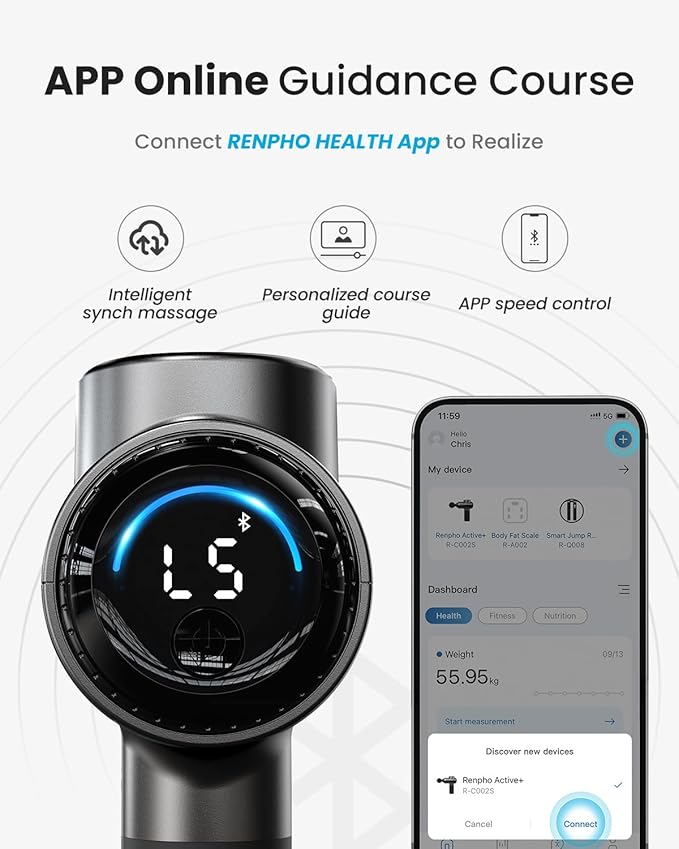 RENPHO Massage Gun with Heat, Portable Muscle Percussion Massager with Bluetooth for Back and Neck, 5 Replaceable Heads, Carry Case, Gifts for Men Women-Ruum Studio Home
