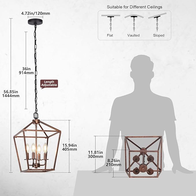 Chandelier for Dining Room, 4-Light Rustic Chandelier Fixtures, Vintage Ceiling Light with Adjustable Height, Antique Bronze Geometric Hanging Light for Bedroom, Foyer, Kitchen, Living Room, Entryway-Ruum Studio Home