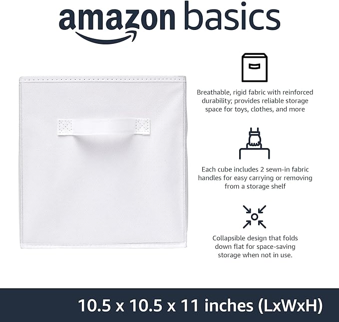 Amazon Basics Collapsible Fabric Storage Cubes Organizer with Handles, Sturdy, White, 10.5-x-10.5-x-11-inch, Pack of 6-Ruum Studio Home