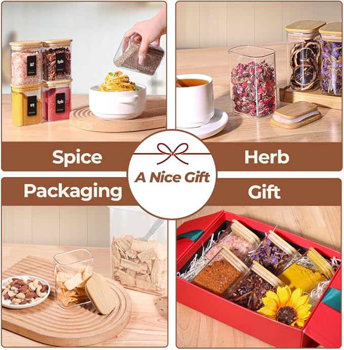 Comsaf Spice Jars with Label，8 oz Small Glass Jars with Lids, 6 Pcs Seasoning Containers, Rectangle Glass Containers with Lids, Empty Seasoning Jars for Pantry Storage, Loose Tea, Herbs, Powders, Salt-Ruum Studio Home