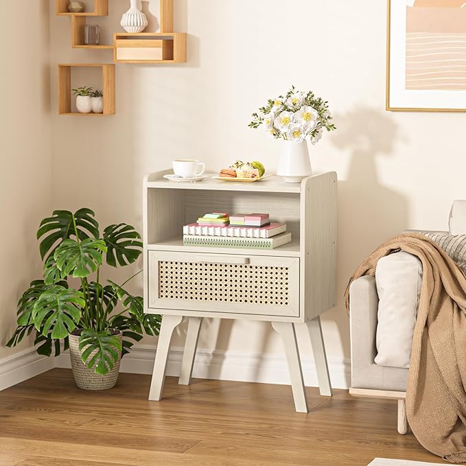 Lerliuo Rattan Nightstand, Side Table with Drawer Open Shelf, Cane Accent Bedside End Table with Solid Wood Legs, Mid Century Modern Night Stand for Bedroom, Dorm and Small Spaces (Grey White)-Ruum Studio Home