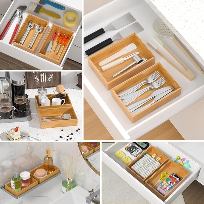 Silverware Tray for Drawer, Stackable Kitchen Bamboo Drawer Organizer 9" x 6" x 2" Set of 2-Ruum Studio Home