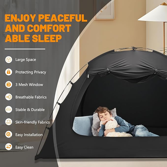 SUNYRISY Bed Tent Twin Size Bed Canopy, Indoor Tent for Adult and Kids, 3 Doors Breathable Dream Tent, 80% Blackout Private Space Sleeping Tents-Ruum Studio Home