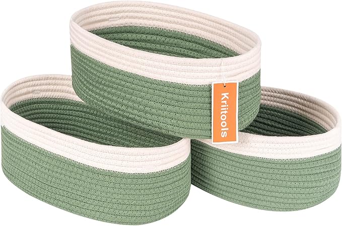 Shelf Storage Baskets for Organizing|Cute Basket for Closet&Blanket Storage|Small Woven Baskets to Store Toys,Books,etc.-13x8.66x5.11’’ Cotton Rope,Stylish,Oval 3 Packs Off White&Green-Ruum Studio Home