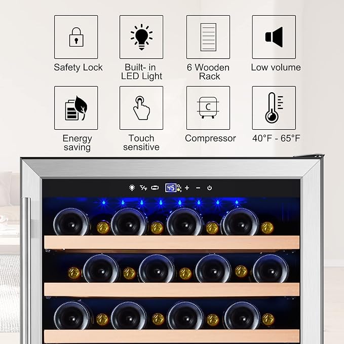 Tylza 24 Inch Wine Cooler Refrigerator, 51 Bottle Built-in or Freestanding, 24'' Fridge with Stainless Steel & Double Layer Tempered Glass Door and Temperature Memory Function-Ruum Studio Home