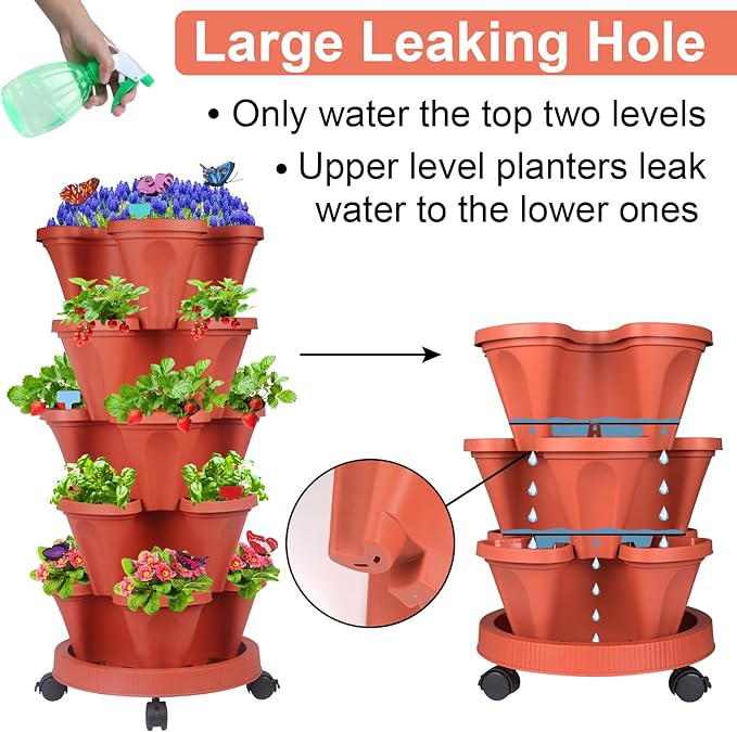 Vertical Planter, 5 Tier Stackable Strawberry Planter with Garden Tool Set, Movable Indoor/Outdoor Garden Herb Pot for Growing Vegetables and Succulents, Red-Ruum Studio Home