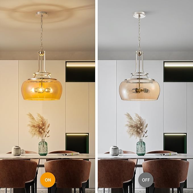 WUZUPS Nickel Chandelier Rustic Farmhouse Industrial Round Ceiling Pendant LED Light Fixture with Amber Glass Shade for Dining Room Kitchen Island Foyer Entryway, H 20.9" W 15.9", E26 Base-Ruum Studio Home