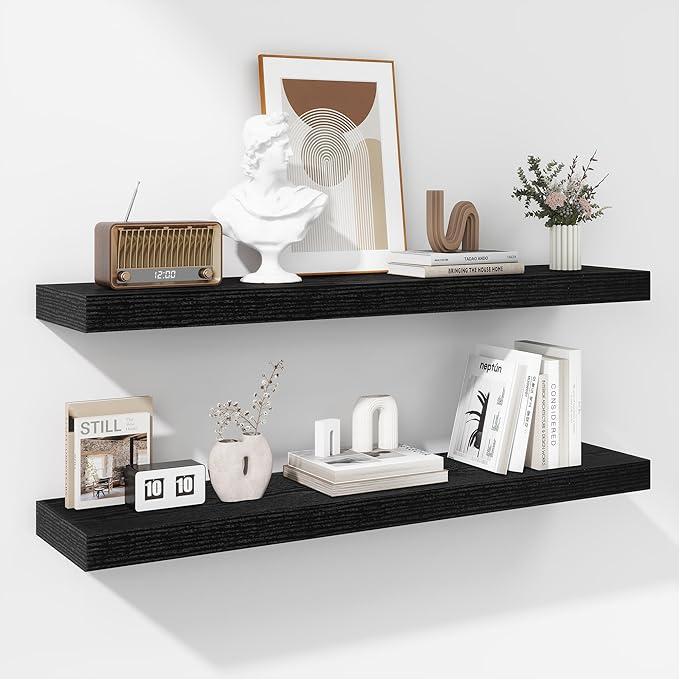 Fun Memories 36 Inch Floating Shelves - Deep Rustic Black Wooden Wall Shelves - Extra Deeper & Thicker Wall Mounted Storage Shelf for Bedroom, Kitchen, Farmhouse - 2 Pack, Rustic Black-Ruum Studio Home